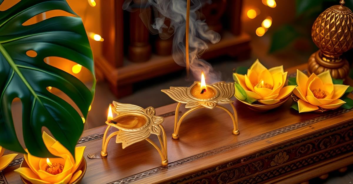 Golden Metal Diya for Puja Decoration – Lotus Shape Deepak for Diwali, Home Temple, Festive Lighting – Traditional Brass Finish Oil Lamp, Set of 2
