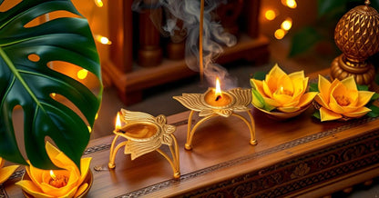 Golden Metal Diya for Puja Decoration – Lotus Shape Deepak for Diwali, Home Temple, Festive Lighting – Traditional Brass Finish Oil Lamp, Set of 2