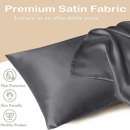 Premium Satin Silk Cushion Cover, Shiny & Soft Decorative Pillowcase for Bedroom & Living Room - Charcoal Grey Set of 2