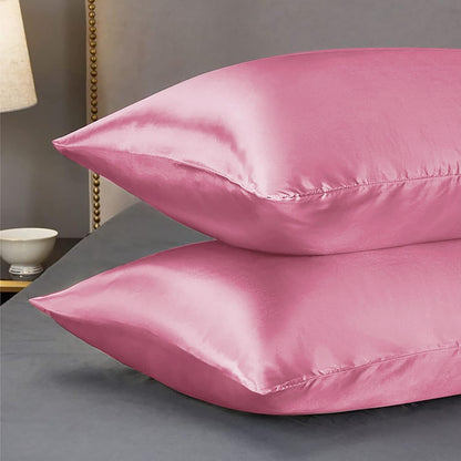 Premium Satin Silk Cushion Cover, Shiny & Soft Decorative Pillowcase for Bedroom & Living Room - Rose Pink Set of 2