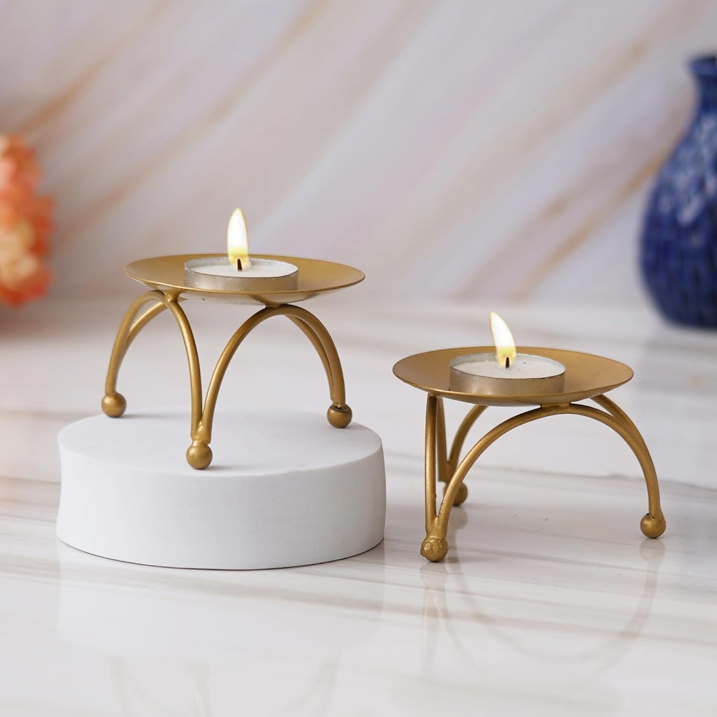 Golden Metal Stand for Idol, Diya or Decor – Decorative Brass Finish Chowki for Puja Mandir, Festival, Home & Office Temple Use, Round, Set of 2