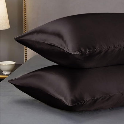 Premium Satin Silk Cushion Cover, Shiny & Soft Decorative Pillowcase for Bedroom & Living Room - Chocolate Brown Set Of 2