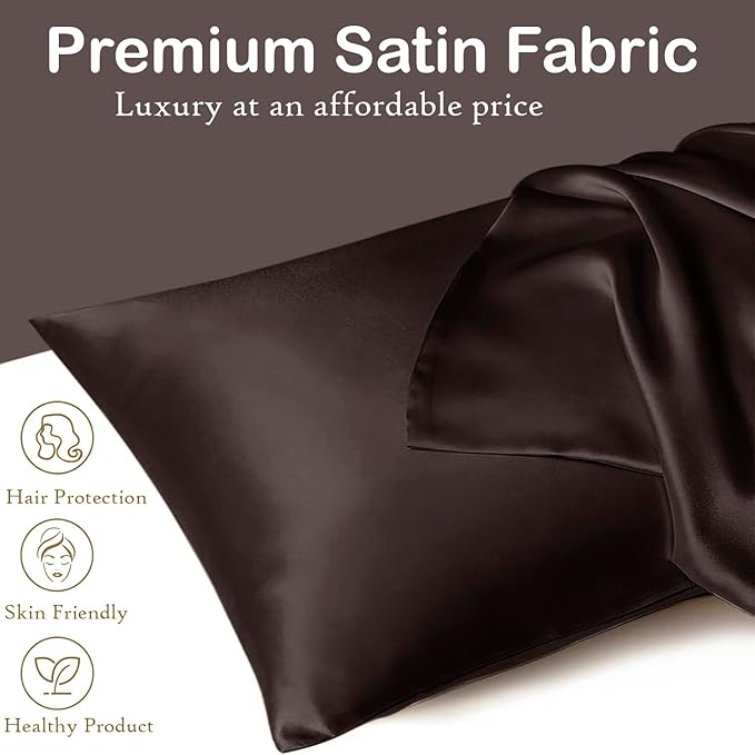 Premium Satin Silk Cushion Cover, Shiny & Soft Decorative Pillowcase for Bedroom & Living Room - Chocolate Brown Set Of 2