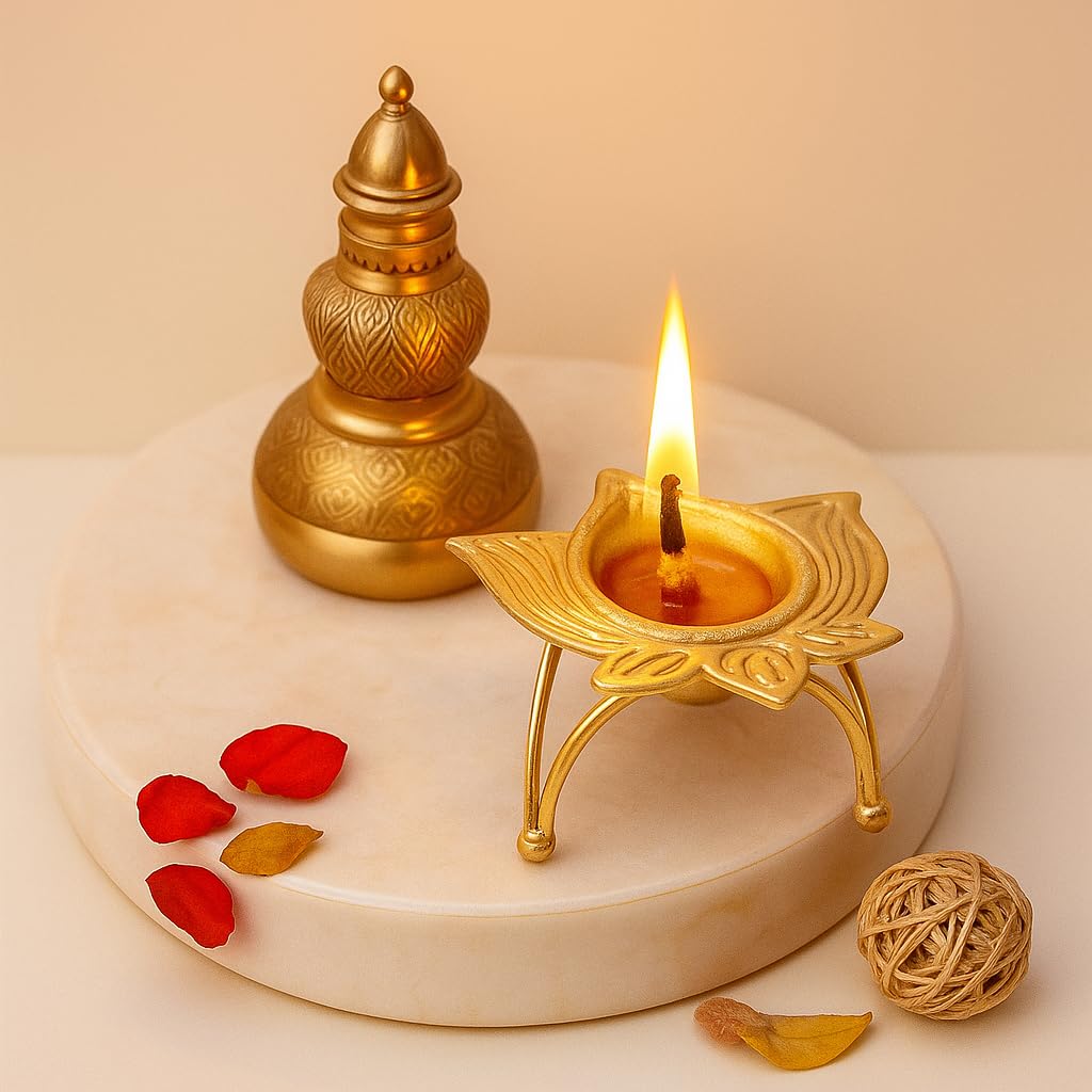 Golden Metal Diya for Puja Decoration – Lotus Shape Deepak for Diwali, Home Temple, Festive Lighting – Traditional Brass Finish Oil Lamp, Set of 2