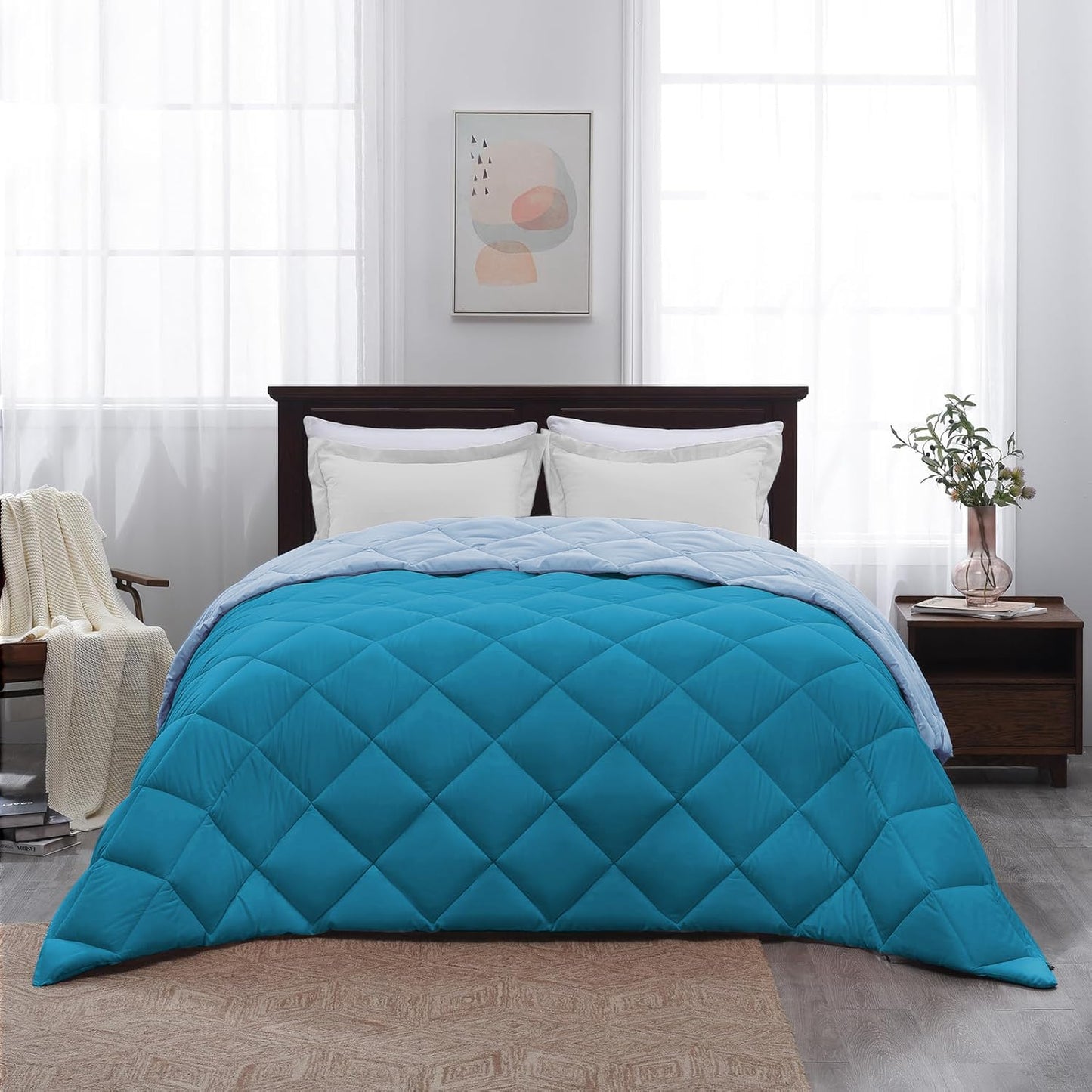 Microfiber Reversible All Seasons Quilt Blanket, AC Comforter for Double Bed, Ocean Blue & Powder Blue