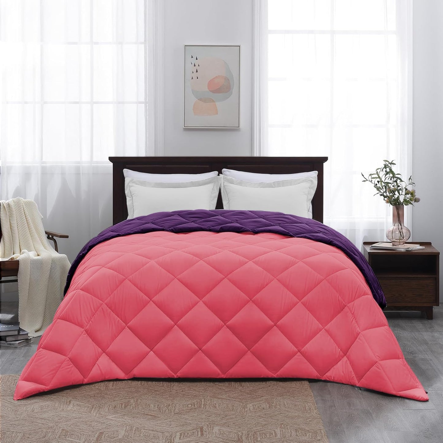 Microfiber Reversible All Seasons Quilt Blanket, AC Comforter for Double Bed, Strawberry Pink & Midnight Purple