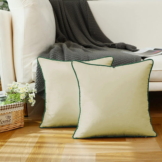 StylizShades Cotton Velvet Cushion Covers, Decorative Throw Pillow Cover for Living Room Couch/Sofa - Cream Crust-Forest Green Set of 2