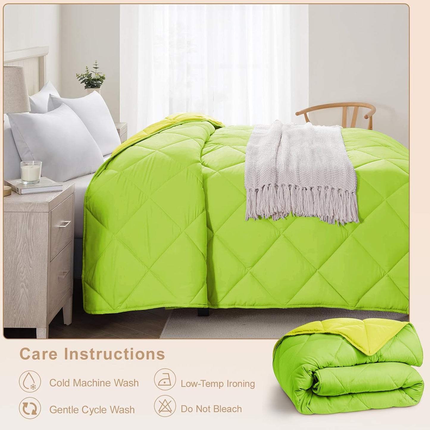 Microfiber Reversible All Seasons Quilt Blanket, AC Comforter for Double Bed, Lime Green & Yellow
