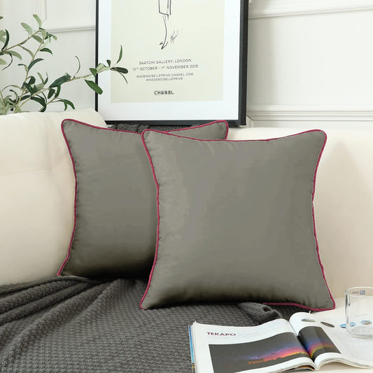StylizShades Cotton Velvet Cushion Covers, Decorative Throw Pillow Cover for Living Room Couch/Sofa - Grey-Crimson Glory, Set of 2