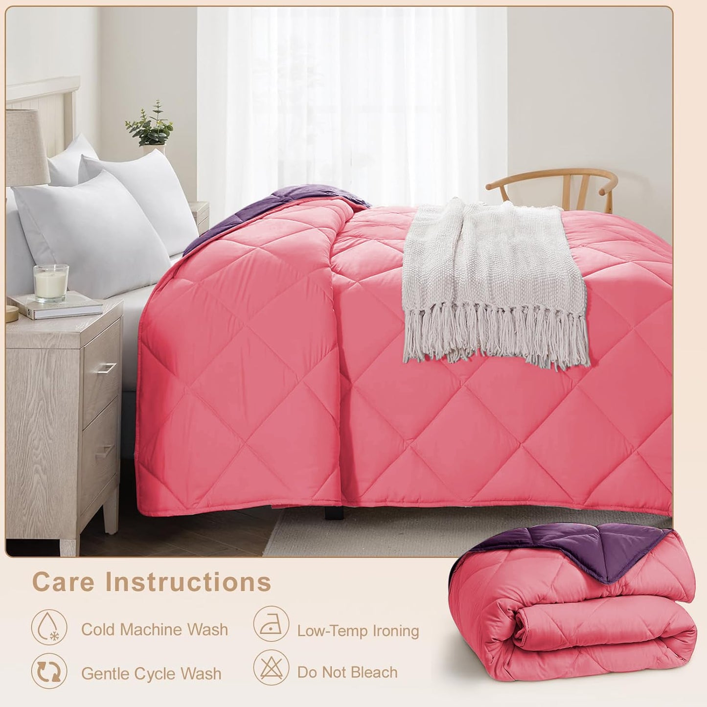 Microfiber Reversible All Seasons Quilt Blanket, AC Comforter for Double Bed, Strawberry Pink & Midnight Purple