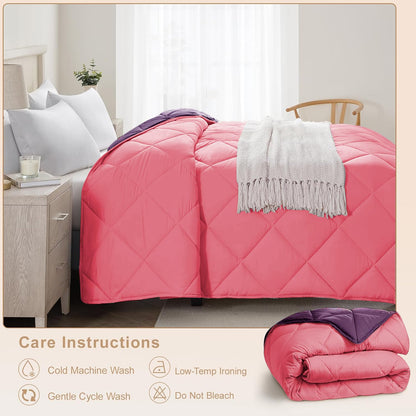 Microfiber Reversible All Seasons Quilt Blanket, AC Comforter for Double Bed, Strawberry Pink & Midnight Purple