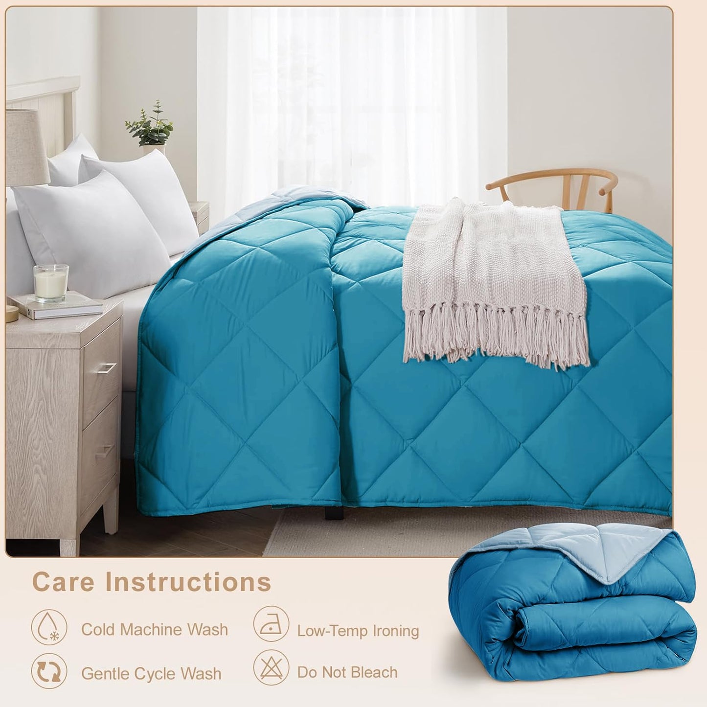 Microfiber Reversible All Seasons Quilt Blanket, AC Comforter for Double Bed, Ocean Blue & Powder Blue
