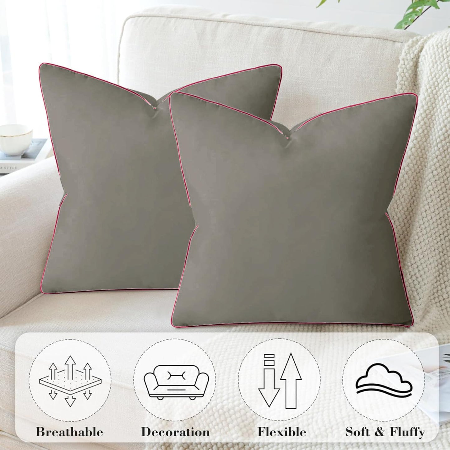 StylizShades Cotton Velvet Cushion Covers, Decorative Throw Pillow Cover for Living Room Couch/Sofa - Grey-Crimson Glory