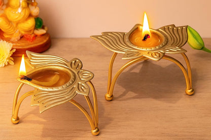 Golden Metal Diya for Puja Decoration – Lotus Shape Deepak for Diwali, Home Temple, Festive Lighting – Traditional Brass Finish Oil Lamp, Set of 2