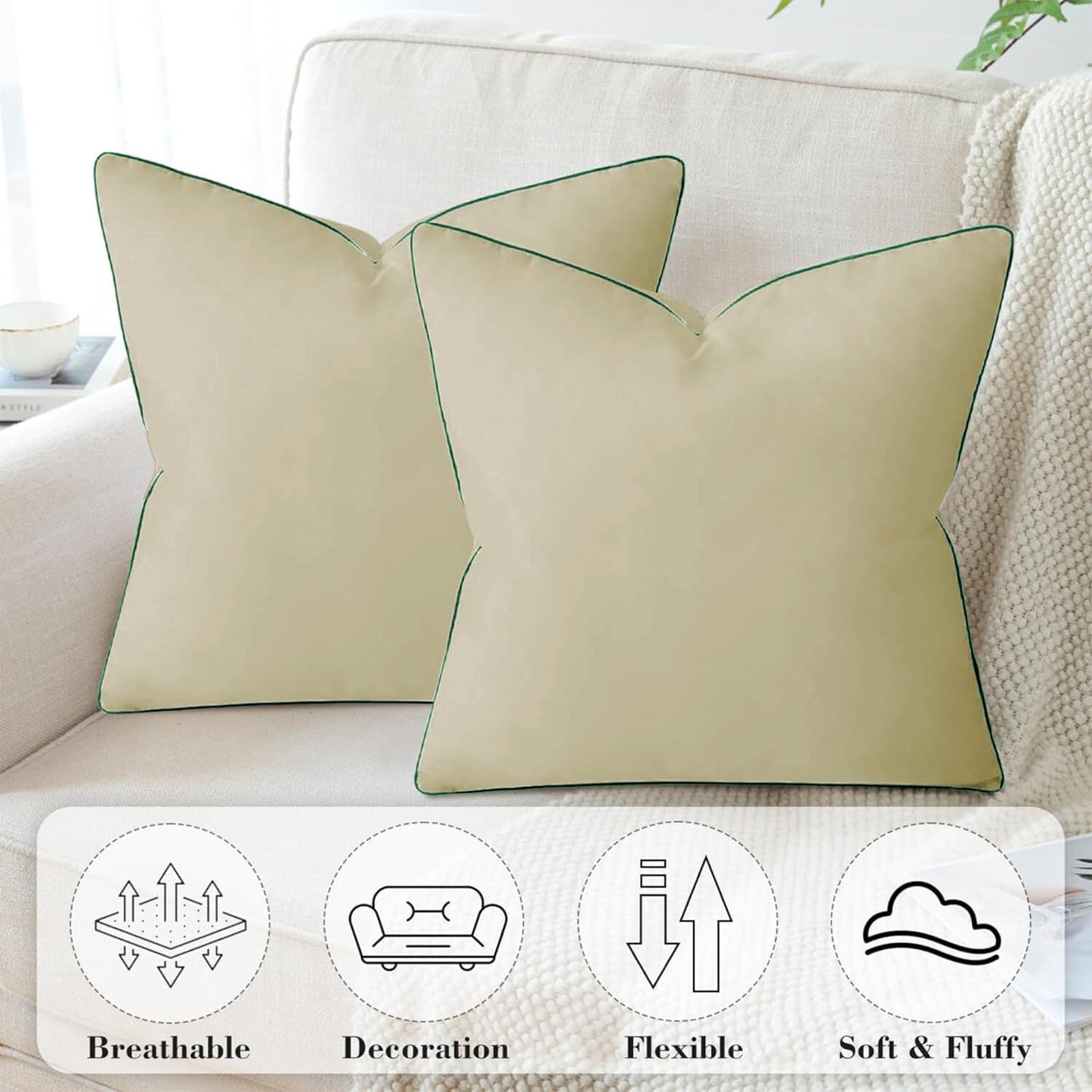 StylizShades Cotton Velvet Cushion Covers, Decorative Throw Pillow Cover for Living Room Couch/Sofa - Cream Crust-Forest Green
