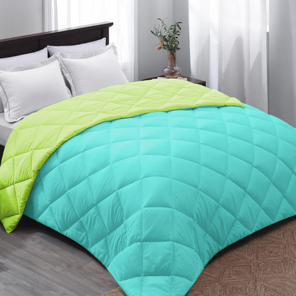 Microfiber Reversible All Seasons Quilt Blanket, AC Comforter for Double Bed, Turquoise & Lime Green