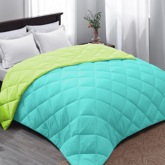 Microfiber Reversible All Seasons Quilt Blanket, AC Comforter for Double Bed, Turquoise & Lime Green