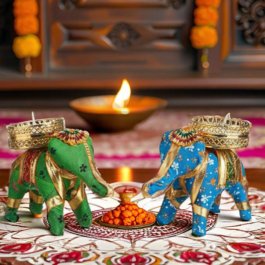 Rajasthani Elephant Tealight Candle Holders – Multicolor Handmade Elephant Diya Set for Home Décor, Festive & Gifting Use