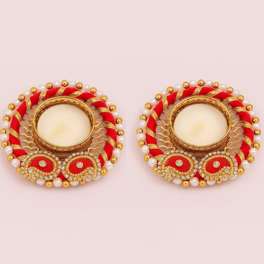 Set of 2 Decorative Tealight Candle Holders – Handcrafted Diya with Red and Gold Beading, Pearl Detailing – Ideal for Diwali, Weddings, Pooja & Festive Decor